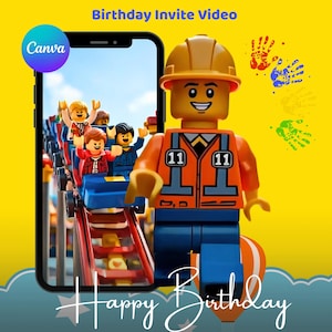 Könnte beinhalten: Eine Lego-Figur mit orangefarbener Weste und Helm steht vor einem Smartphone, das eine Achterbahnszene mit Lego-Figuren zeigt. Der Hintergrund ist gelb mit weißen Sternen, Handabdrücken und den Worten "Birthday Invite Video" und "Happy Birthday".