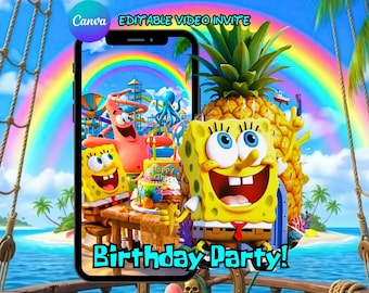 Plantilla de video de invitación de cumpleaños animada de esponja / Invitación para fiestas infantiles / Tema de dibujos animados de parque acuático editable / Descarga instantánea