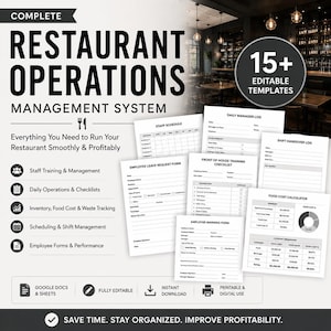 May include: A digital restaurant operations management system featuring 15+ editable templates including staff schedules, daily manager logs, shift handover logs, employee leave request forms, training checklists, warning forms, and food cost calculators.