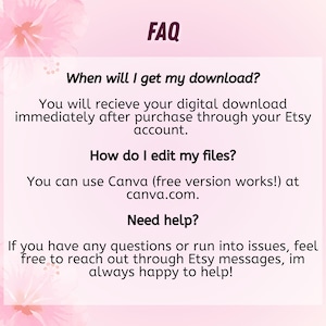 K&ouml;nnte beinhalten: Eine rosa-wei&szlig;e Grafik mit dem Wort "FAQ" in Lila oben. Der Text gibt Antworten auf h&auml;ufig gestellte Fragen zu digitalen Downloads, einschlie&szlig;lich des Zugriffs auf und der Bearbeitung von Dateien mit Canva.