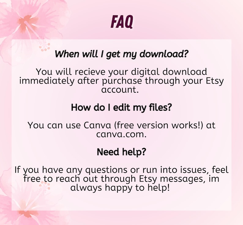K&ouml;nnte beinhalten: Eine rosa-wei&szlig;e Grafik mit dem Wort "FAQ" in Lila oben. Der Text gibt Antworten auf h&auml;ufig gestellte Fragen zu digitalen Downloads, einschlie&szlig;lich des Zugriffs auf und der Bearbeitung von Dateien mit Canva.