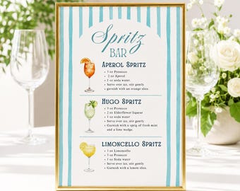 Blaues Spritz Bar Schild | Aperol Spritz-Menü, Streifen-Dekor (Canva Editierbar, Sofort-Download)