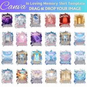 May include: A collection of shirt templates with a memorial theme. Each design features a sky or cloud background with the words "In Loving Memory" and space for a name and dates. The Canva logo and instructions are at the top.