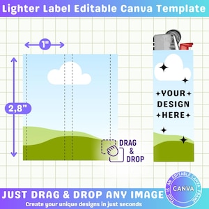 Puede incluir: Una plantilla digital para una etiqueta de encendedor, con un dise&ntilde;o de cielo y paisaje. Las dimensiones de la etiqueta son de 2,54 cm por 7,11 cm. El dise&ntilde;o incluye el texto "YOUR DESIGN HERE" e instrucciones para arrastrar y soltar una imagen.