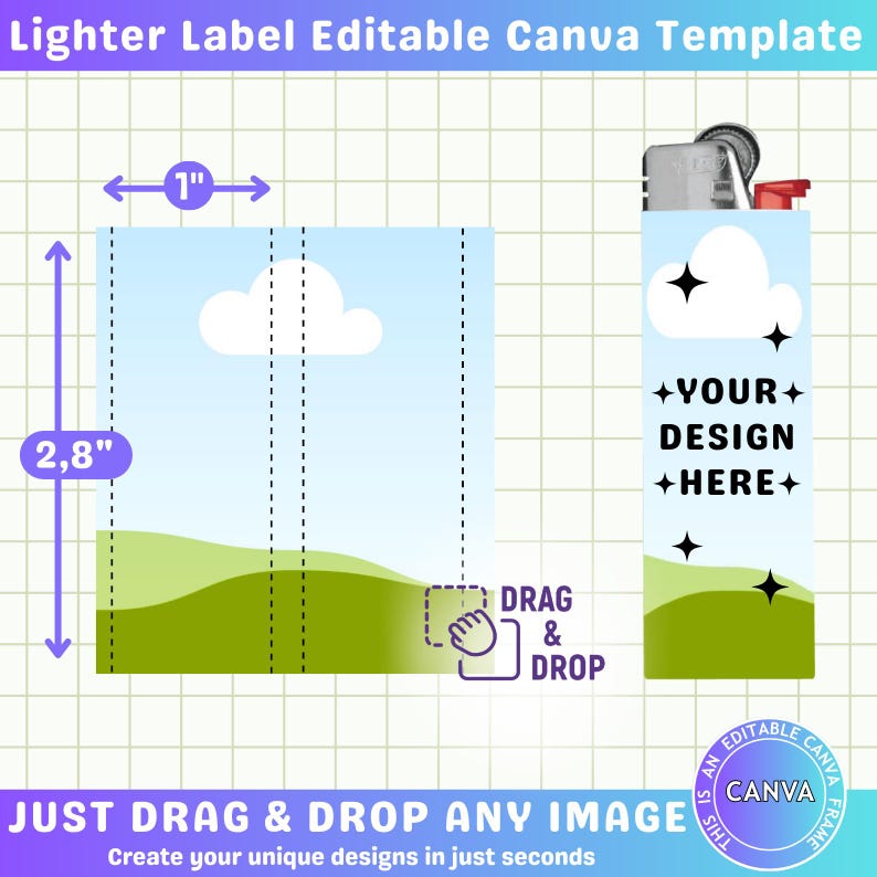 Puede incluir: Una plantilla digital para una etiqueta de encendedor, con un dise&ntilde;o de cielo y paisaje. Las dimensiones de la etiqueta son de 2,54 cm por 7,11 cm. El dise&ntilde;o incluye el texto "YOUR DESIGN HERE" e instrucciones para arrastrar y soltar una imagen.
