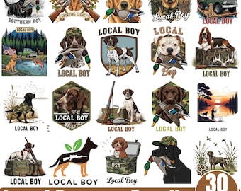 Op de afbeelding: Een verzameling van 30 digitale ontwerpen met jachthonden, eenden en buitenscènes. Elk ontwerp bevat de tekst "Local Boy" en toont verschillende hondenrassen, geweren en buitenscènes. De ontwerpen zijn in PNG-formaat.