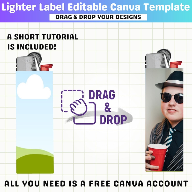Puede incluir: Una plantilla de Canva para etiquetas de encendedores con el texto "Lighter Label Editable Canva Template" y "Drag & Drop Your Designs". El dise&ntilde;o incluye un gr&aacute;fico de encendedor con un cielo y una escena de hierba, y las palabras "Drag & Drop". Tambi&eacute;n est&aacute; presente el texto "A Short Tutorial Is Included!" y "All You Need Is A Free Canva Account".