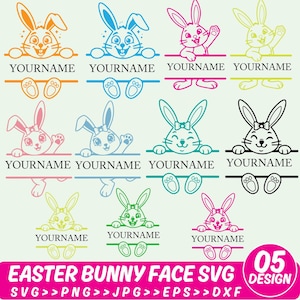 May include: A collection of Easter bunny face designs in various colors, including orange, blue, pink, and green. Each design features a bunny face with the word "YOURNAME" below. The image also includes the text "EASTER BUNNY FACE SVG" and "05 DESIGN".