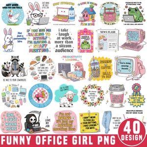 Könnte beinhalten: Eine Sammlung von 40 PNG-Designs mit einem lustigen Bürothema. Die Designs umfassen Illustrationen von Tieren, Computern und Texten wie "Ich liebe meinen Job."