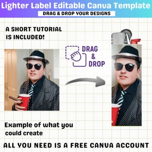 Puede incluir: Gr&aacute;fico promocional para una plantilla de Canva para etiquetas de encendedores. La imagen presenta a una persona con sombrero y gafas de sol, sosteniendo una taza roja. El texto incluye "DRAG & DROP YOUR DESIGNS" y "ALL YOU NEED IS A FREE CANVA ACCOUNT."