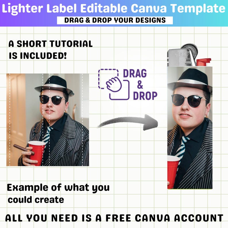 Puede incluir: Gr&aacute;fico promocional para una plantilla de Canva para etiquetas de encendedores. La imagen presenta a una persona con sombrero y gafas de sol, sosteniendo una taza roja. El texto incluye "DRAG & DROP YOUR DESIGNS" y "ALL YOU NEED IS A FREE CANVA ACCOUNT."
