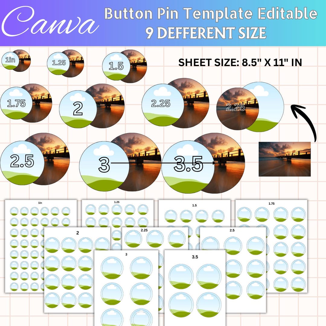 Button Pin Template Bundle Editable Canva Frame 1" 1.25" 1.5"1.75"2"2. ...