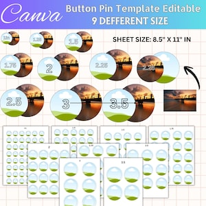 Pode incluir: Um modelo de pin Canva com nove tamanhos diferentes, variando de 2,54 cm a 8,89 cm. O tamanho da folha é 21,59 cm x 27,94 cm e inclui designs editáveis com uma paisagem de pôr do sol.