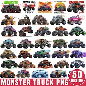 Könnte beinhalten: Eine Sammlung von 50 Monster-Truck-Designs in verschiedenen Farben und Stilen. Das Bild zeigt Trucks mit Flammen, Dinosauriern und anderen Grafiken. Der Text enthält "MONSTER TRUCK PNG DESIGN" und "50 DESIGN".