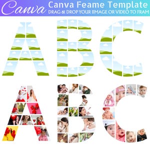 Puede incluir: Una plantilla de Canva con las letras A, B y C. La fila superior de letras está llena de imágenes de paisajes. La fila inferior de letras está llena de fotos de personas y bebés. El texto "Canva Feame Template" está en la parte superior.