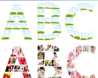 Plantilla de collage de fotos de Canva con letras y números, fuente de Canva para mamá, archivo editable de collage de fotos conmemorativo, guión gráfico del alfabeto, regalo para el Día de la Madre