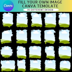 May include: A Canva template with 30 different designs. Each design features a landscape scene with a blue sky, white clouds, and green hills. The designs are framed by a black, textured border. The Canva logo is in the upper left corner.