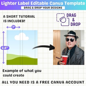 Puede incluir: Gr&aacute;fico de plantilla de Canva con el texto "Lighter Label Editable Canva Template" y "Drag & Drop Your Designs". La imagen muestra un tutorial con medidas de 2,5 cm y 7,1 cm. Una persona con sombrero y gafas de sol sostiene una taza roja.