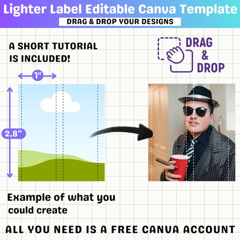 Puede incluir: Gr&aacute;fico de plantilla de Canva con el texto "Lighter Label Editable Canva Template" y "Drag & Drop Your Designs". La imagen muestra un tutorial con medidas de 2,5 cm y 7,1 cm. Una persona con sombrero y gafas de sol sostiene una taza roja.