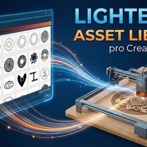 Può includere: Immagine digitale che mostra una macchina per incisione laser con il testo "LIGHTBURN ASSET LIBRARY pro Creality Falcon2". La macchina incide un disegno su legno, insieme a un'interfaccia del computer che mostra le opzioni di progettazione.
