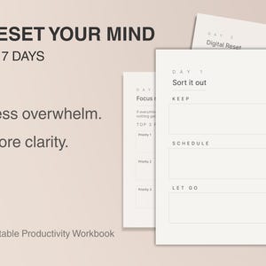 May include: A printable productivity workbook with the text "RESET YOUR MIND IN 7 DAYS." The pages are white with black text, including prompts for sorting, scheduling, and letting go. The background is a light beige.