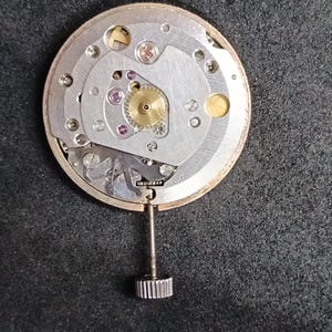 May include: A circular mechanical watch movement featuring a silver-toned metal base plate with visible gears, small purple synthetic rubies, and a central brass-coloured gear. A thin metal stem with a cylindrical, ridged crown extends from the side.