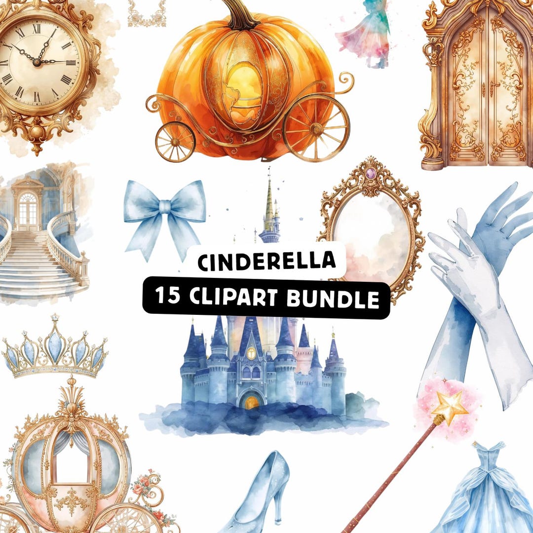 Cinderella Watercolor Clipart Bundle | Fairy Tale Princess Castle PNG ...