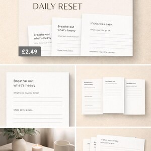 May include: A printable 90-second daily reset journal with prompts for reflection. The design is minimalist with text such as "Breathe out what's heavy" and "If this was easy." The journal is available in A4 and US Letter sizes.