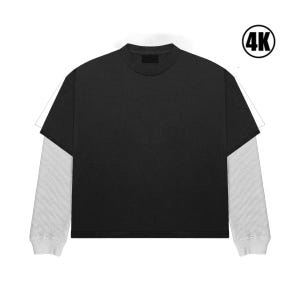 Könnte beinhalten: Schwarzes Langarmshirt mit weißen Thermohüllen. Das Shirt hat einen Rundhalsausschnitt und eine lockere Passform. Die Ärmel haben ein Waffelstrickmuster. Das Bild enthält ein 4K-Logo in der oberen rechten Ecke.