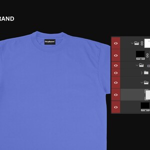 May include: A solid periwinkle blue t-shirt with a crew neck. The shirt has short sleeves and a small label on the collar. The words "LABEL BRAND" are in white text in the upper left corner.