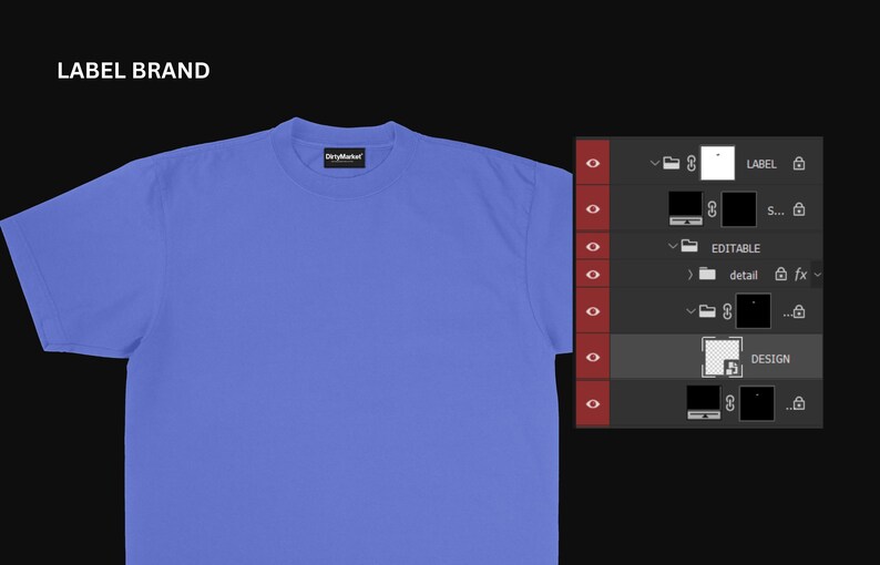 May include: A solid periwinkle blue t-shirt with a crew neck. The shirt has short sleeves and a small label on the collar. The words "LABEL BRAND" are in white text in the upper left corner.