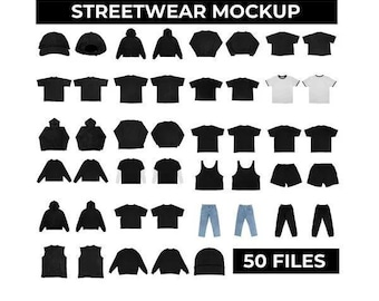 Puede incluir: Imagen de maqueta con varios artículos de ropa urbana. La imagen incluye sudaderas con capucha negras, camisetas, pantalones cortos, camisetas sin mangas, gorras y vaqueros. El texto "STREETWEAR MOCKUP" está en la parte superior y "50 FILES" en la inferior.