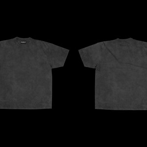 May include: Two charcoal gray t-shirts, front and back views, against a black background. The shirts have a washed, textured appearance. The word "WASHED" is in the upper left corner. The shirts have short sleeves and a crew neck.
