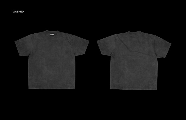 May include: Two charcoal gray t-shirts, front and back views, against a black background. The shirts have a washed, textured appearance. The word "WASHED" is in the upper left corner. The shirts have short sleeves and a crew neck.