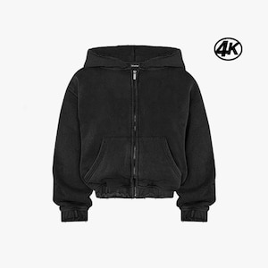 May include: A black zip-up hoodie with a drawstring hood and front pockets. The hoodie has a distressed, vintage look. The image also includes a 4K logo in the upper right corner.