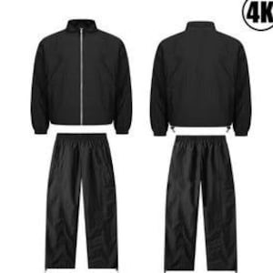 May include: Black athletic tracksuit set, featuring a zip-up jacket and matching pants. The jacket has a stand-up collar and the pants have an elastic waistband. The set is displayed from the front and back.