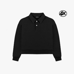 May include: A black long-sleeved polo shirt with a collared neckline and three white buttons. The shirt has a cropped hem and ribbed cuffs. The image includes a black and white "4K" logo in the upper right corner.