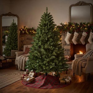 May include: A tall, full artificial Christmas tree with dense green needles, standing on a red and green plaid fabric tree skirt. Several gift boxes wrapped in brown paper with white ribbons are arranged around the base of the tree.