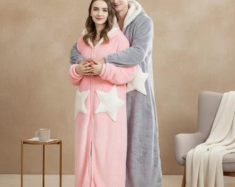 Bata con capucha de polar coral, aplique de estrella, ropa de estar por casa acogedora para el invierno