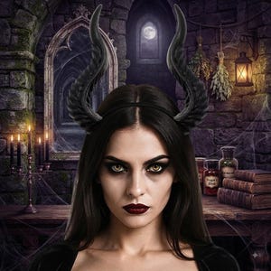 May include: A black headband featuring two large, curved, textured horns that extend upward. The horns have a detailed, ridged surface resembling organic bone or carved material, attached to a thin, simple black band worn on the head.
