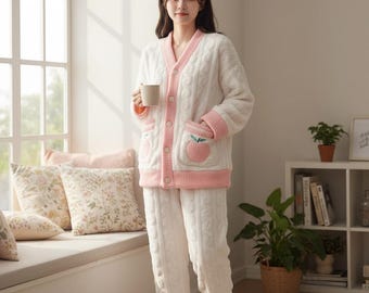 Women's Thick Knit Pajama Set, Coral Velvet Strawberry Print Loungewear