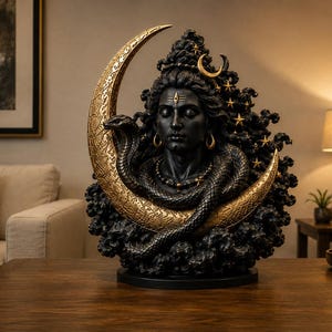 Himmelsk Lord Shiva-staty: Svartguld Mahadev-skulptur med halvmåne, hinduisk meditationsdekor