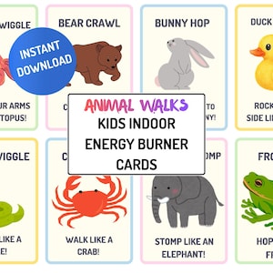 May include: Set of illustrated Animal Walks cards for kids, featuring colorful drawings of animals like an octopus, bear, bunny, and duck. Each card has an animal and an action, such as "Wiggle like a snake!" and "Hop like a frog!"