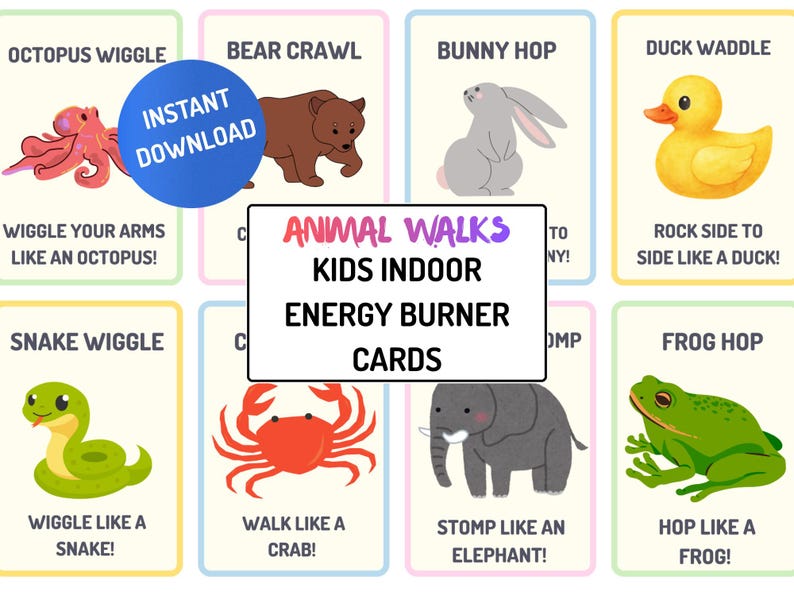 May include: Set of illustrated Animal Walks cards for kids, featuring colorful drawings of animals like an octopus, bear, bunny, and duck. Each card has an animal and an action, such as "Wiggle like a snake!" and "Hop like a frog!"