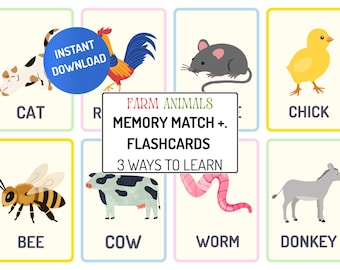 Farm Animal Flashcards for Toddlers | Printable Preschool Matching Game | Montessori Farm Animals | Homeschool Activity PDF