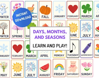 Days of the Week, Months & Seasons Flashcards Printable | Calendar Learning Activity for Preschool, Kindergarten + Homeschool | Sorting Card