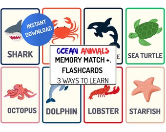 Ocean Animal Flashcards & Matching Game Printable | Preschool Learning Cards | Montessori Activity | Homeschool PDF | Memory Match Game