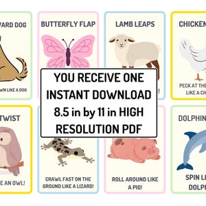 May include: A set of illustrated cards with animal-themed yoga poses. Each card features a different animal, such as a dog, butterfly, lamb, chicken, owl, lizard, pig, and dolphin, with instructions. The cards are 8.5 in by 11 in.