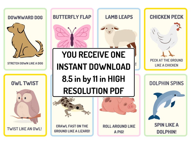 May include: A set of illustrated cards with animal-themed yoga poses. Each card features a different animal, such as a dog, butterfly, lamb, chicken, owl, lizard, pig, and dolphin, with instructions. The cards are 8.5 in by 11 in.