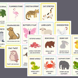 May include: A set of illustrated flashcards featuring animal-themed yoga poses. Each card displays a different animal, such as a flamingo, cheetah, or cat, with instructions like "Crocodile Crawl" and "Flamingo Stand".